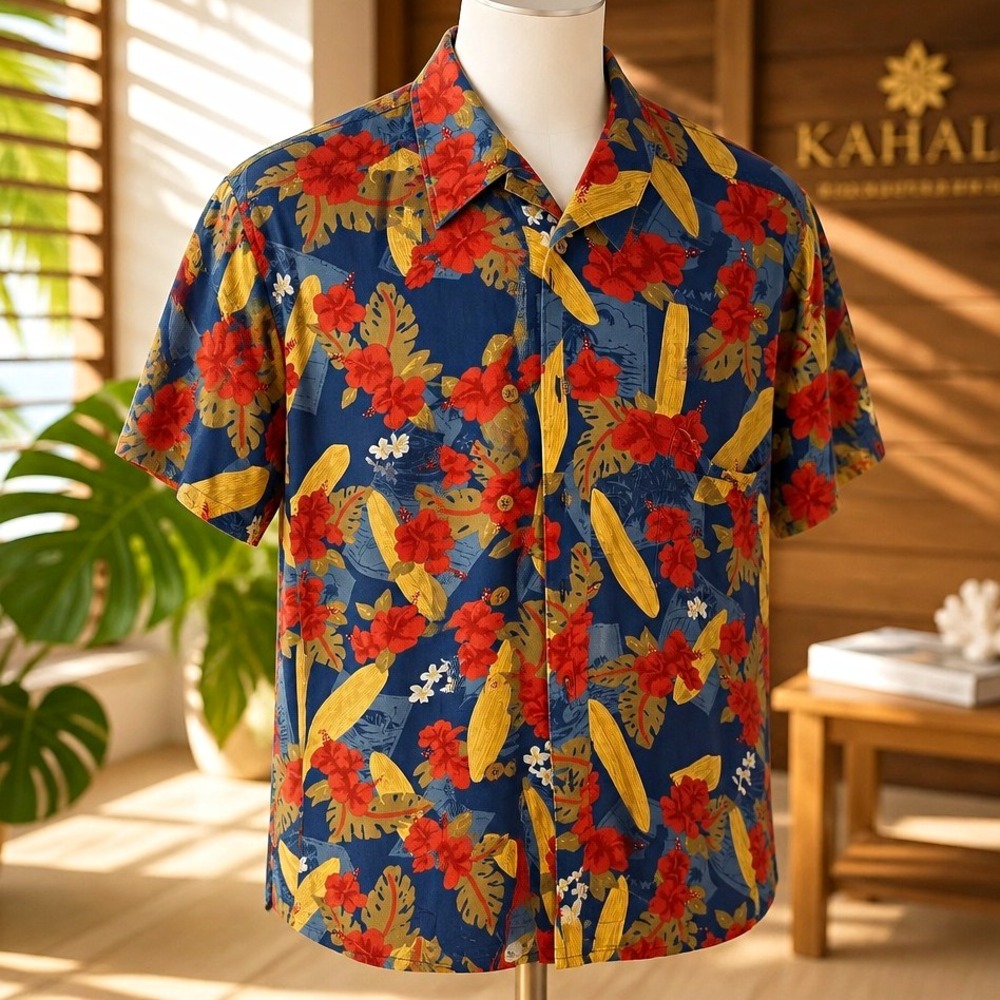 Kahala Mens XL Rayon Hawaiian Floral Button-Front Short Sleeve Shirt w/ Pockets